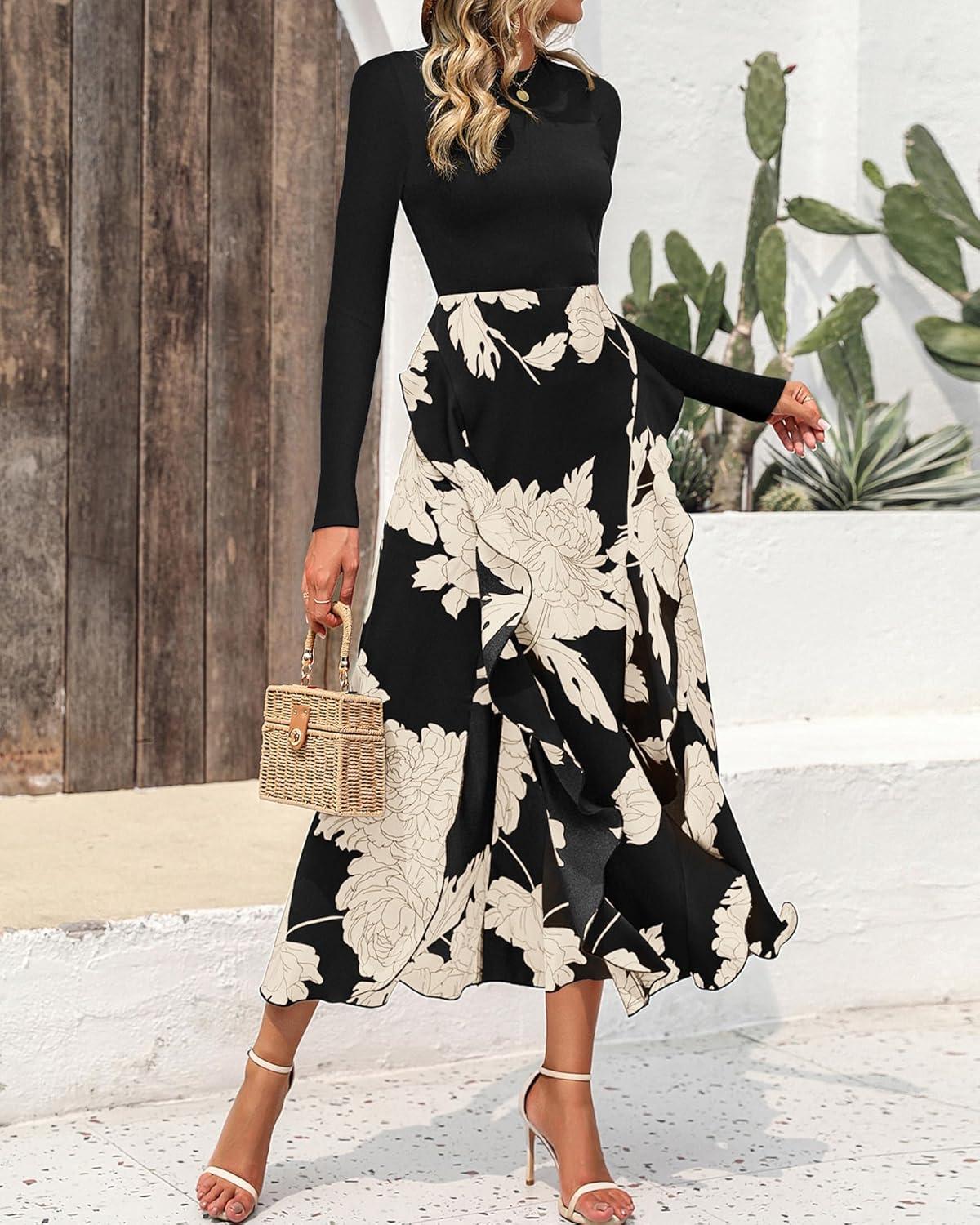 imageBTFBM Womens Floral Maxi Dress Fall 2025 Casual Crewneck Long Sleeve Ruffle Flowy Cocktail Wedding Guest DressesWhite Floral Black