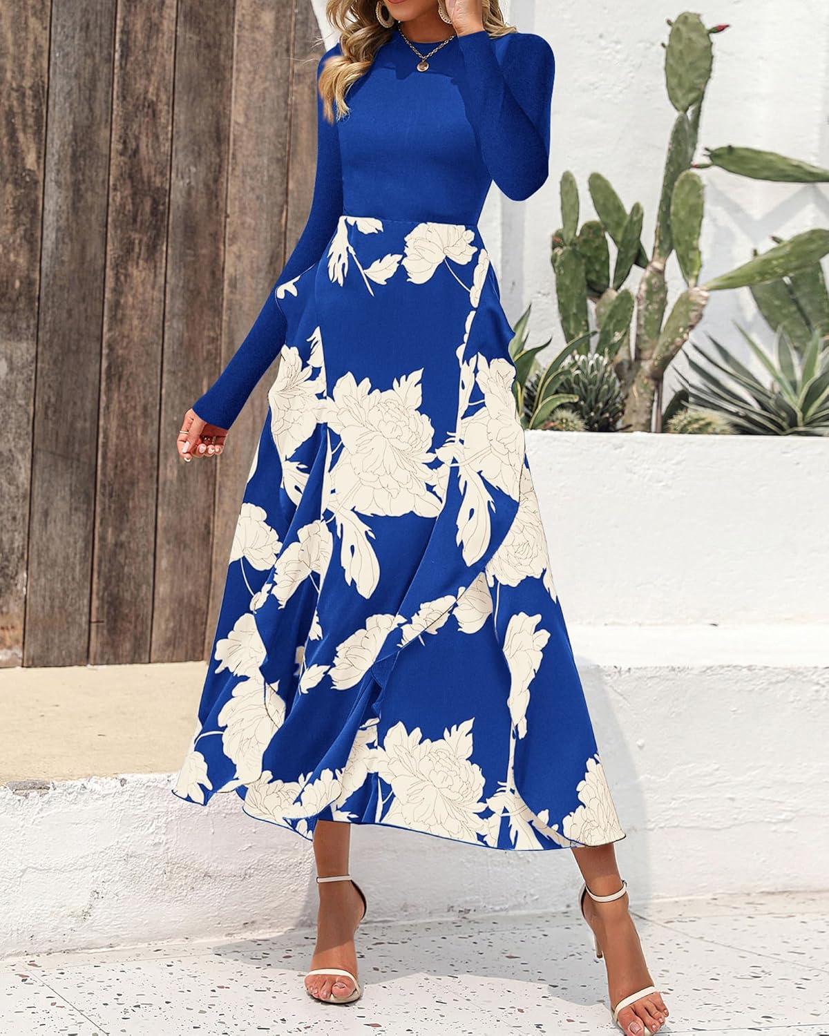 imageBTFBM Womens Floral Maxi Dress Fall 2025 Casual Crewneck Long Sleeve Ruffle Flowy Cocktail Wedding Guest DressesWhite Floral Bright Blue