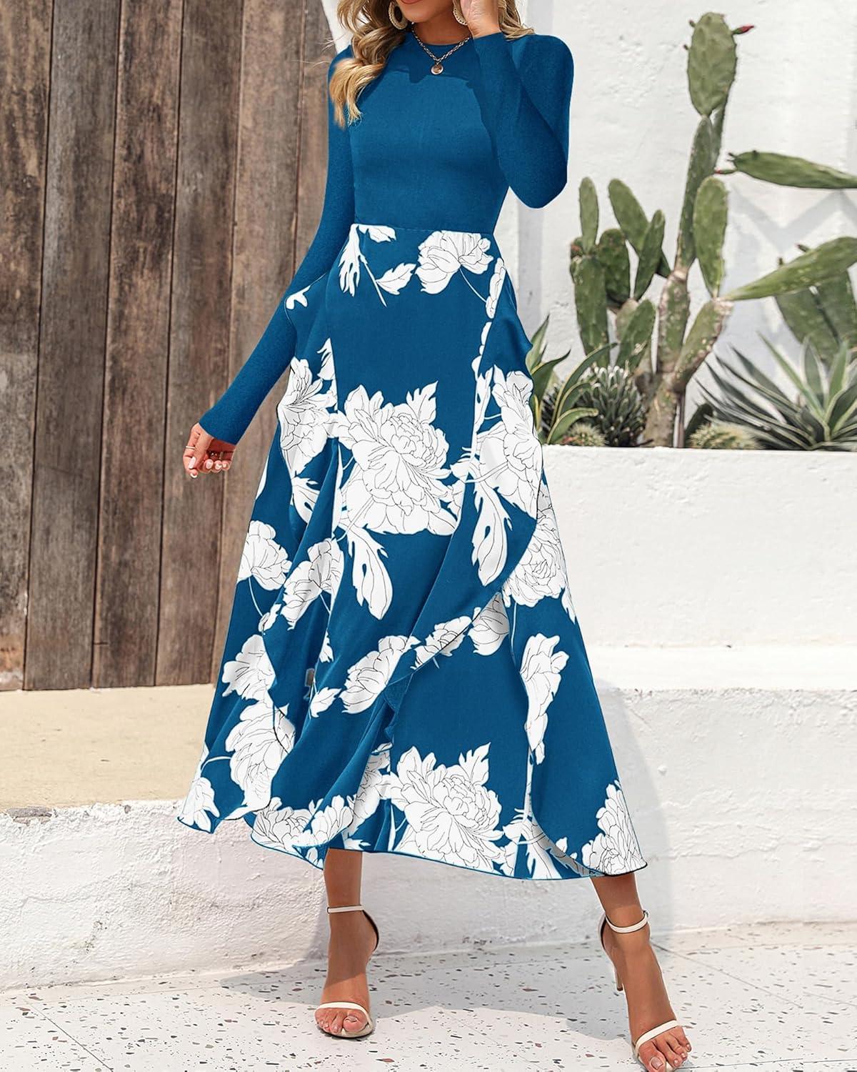 imageBTFBM Womens Floral Maxi Dress Fall 2025 Casual Crewneck Long Sleeve Ruffle Flowy Cocktail Wedding Guest DressesWhite Floral Lake Blue
