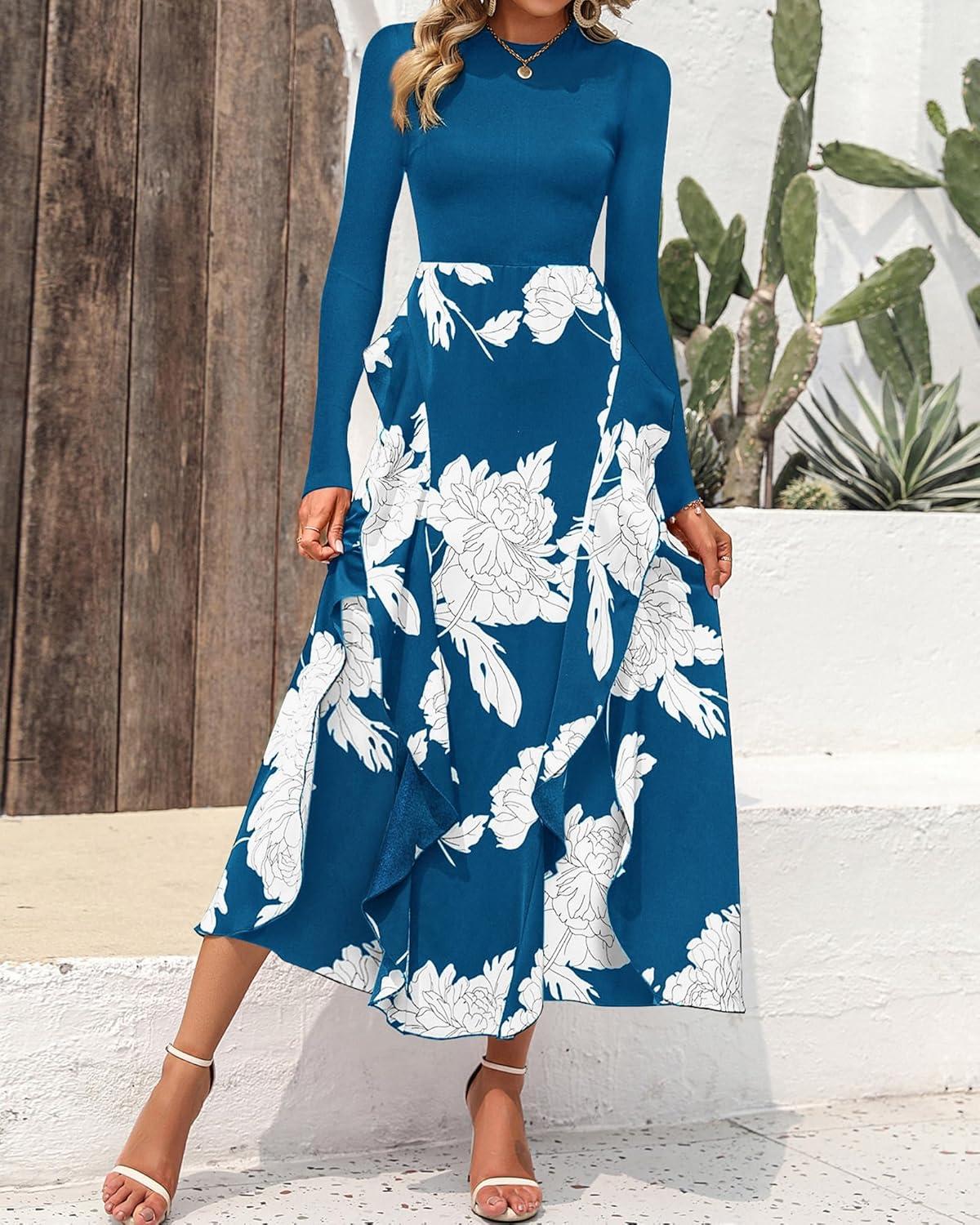 imageBTFBM Womens Floral Maxi Dress Fall 2025 Casual Crewneck Long Sleeve Ruffle Flowy Cocktail Wedding Guest DressesWhite Floral Lake Blue