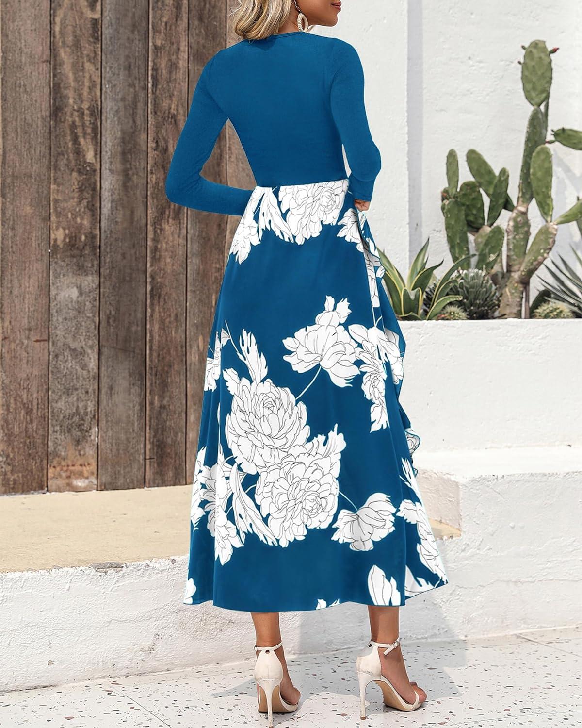 imageBTFBM Womens Floral Maxi Dress Fall 2025 Casual Crewneck Long Sleeve Ruffle Flowy Cocktail Wedding Guest DressesWhite Floral Lake Blue