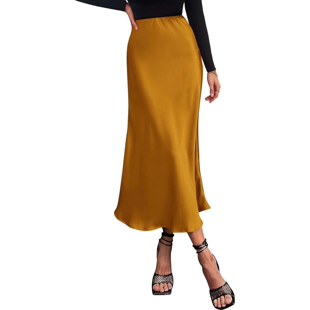 imageBTFBM 2025 Womens Summer Fall Long Satin Skirt Silk Elegant High Waist Cocktail Party Wedding Flowy ALine Midi SkirtsBrown Yellow