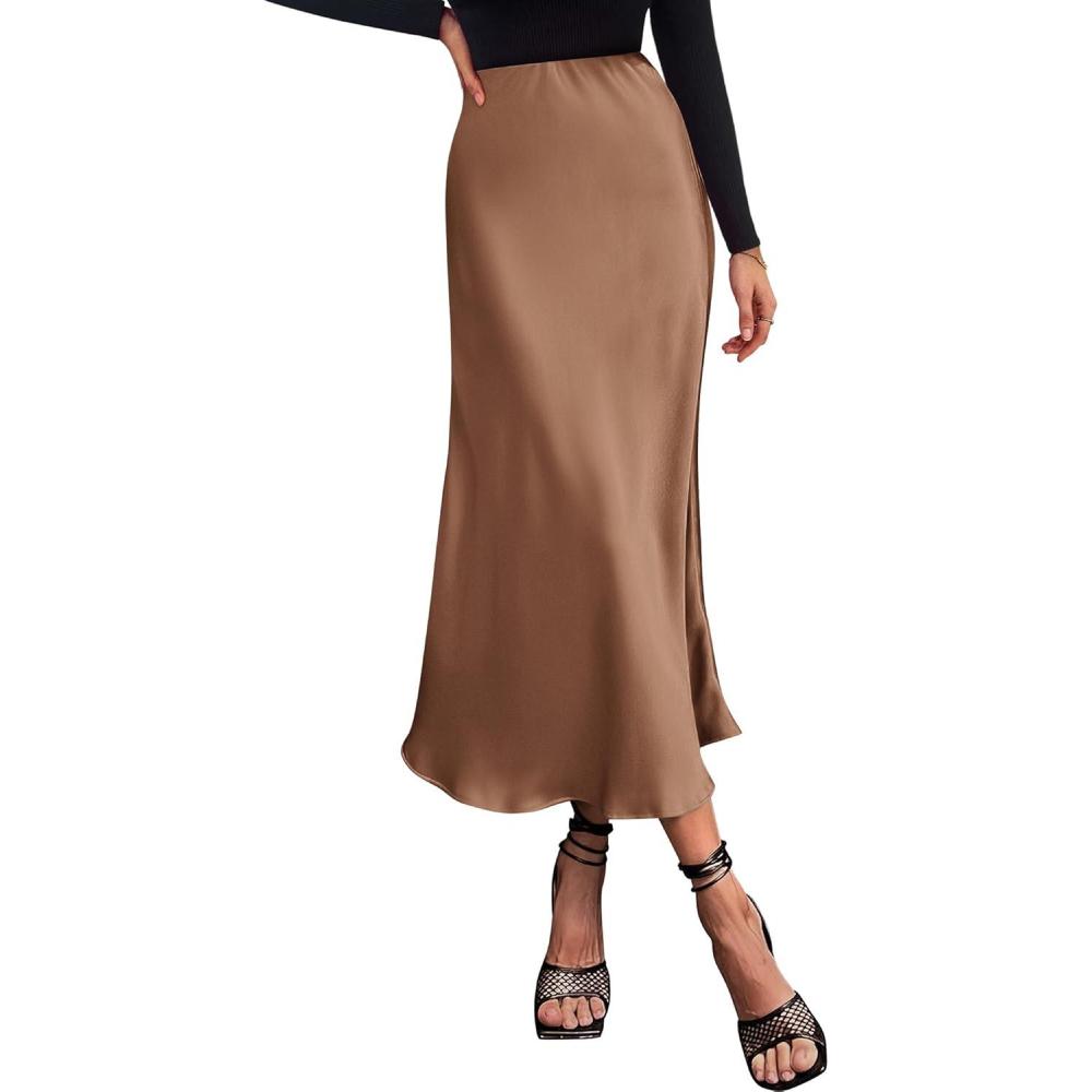 imageBTFBM 2025 Womens Summer Fall Long Satin Skirt Silk Elegant High Waist Cocktail Party Wedding Flowy ALine Midi SkirtsCoffee