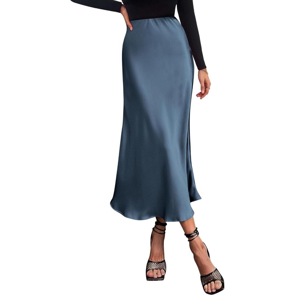 imageBTFBM 2025 Womens Summer Fall Long Satin Skirt Silk Elegant High Waist Cocktail Party Wedding Flowy ALine Midi SkirtsGrey Blue