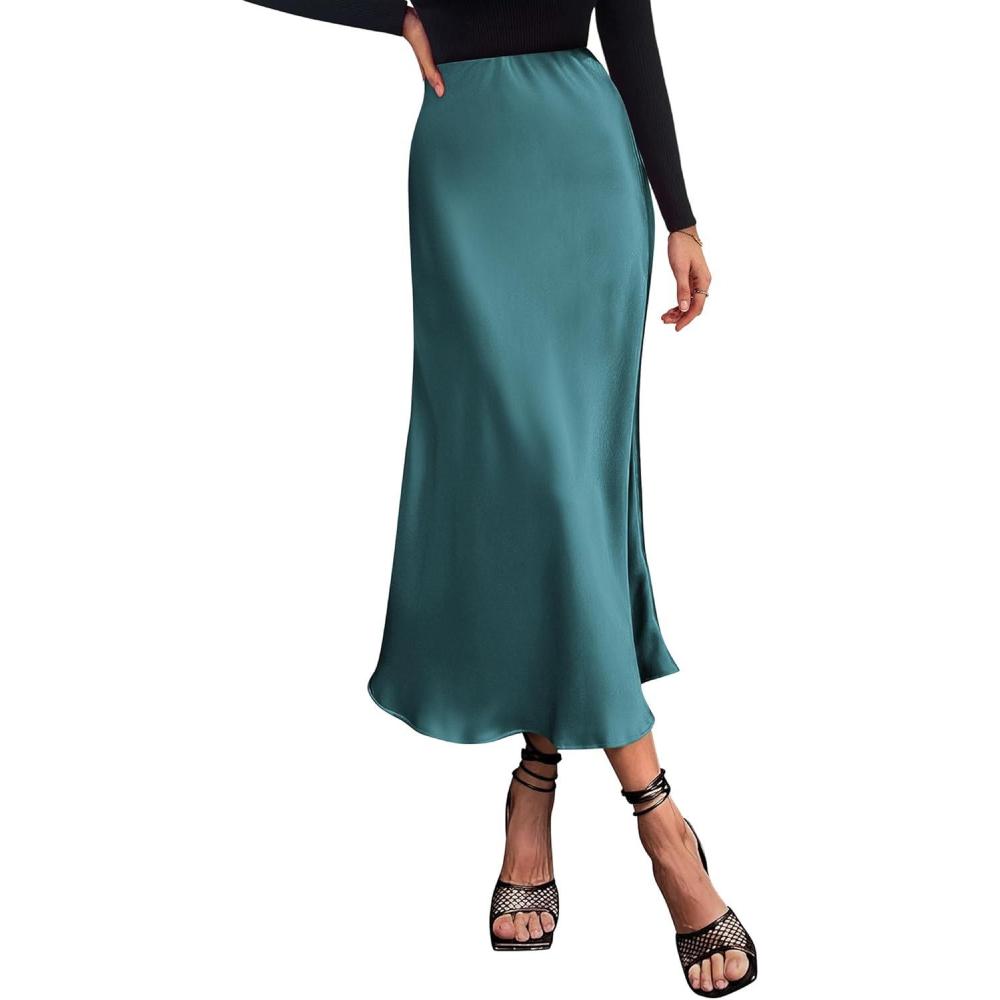 imageBTFBM 2025 Womens Summer Fall Long Satin Skirt Silk Elegant High Waist Cocktail Party Wedding Flowy ALine Midi SkirtsLake Blue