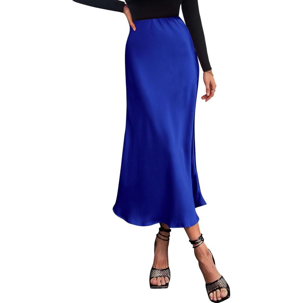 imageBTFBM 2025 Womens Summer Fall Long Satin Skirt Silk Elegant High Waist Cocktail Party Wedding Flowy ALine Midi SkirtsRoyal Blue