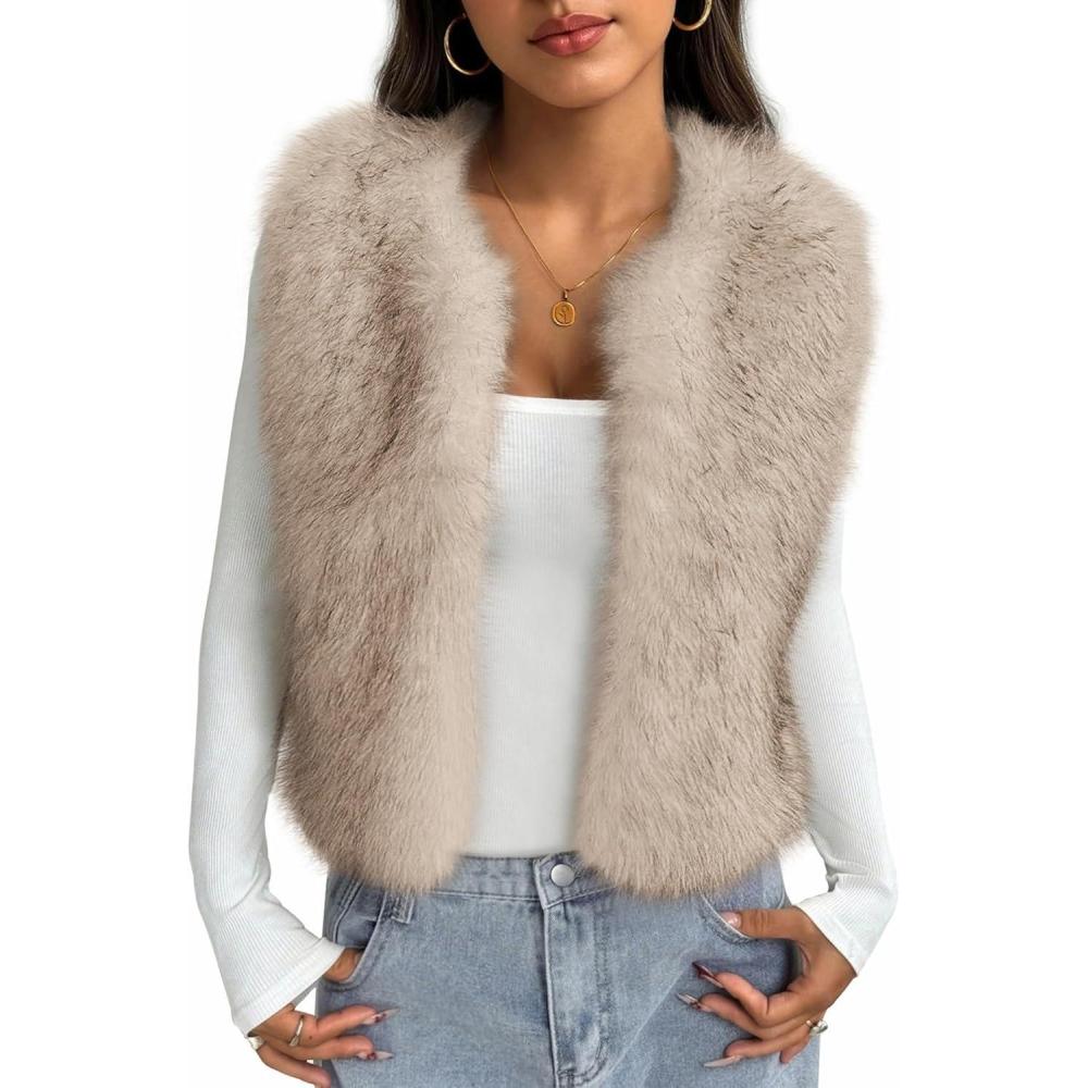 imageBTFBM Faux Fur Vest Women Fall Fashion 2025 Sleeveless Fuzzy Jacket Fluffy Coats Winter Clothing Furry Outerwear VestsApricot