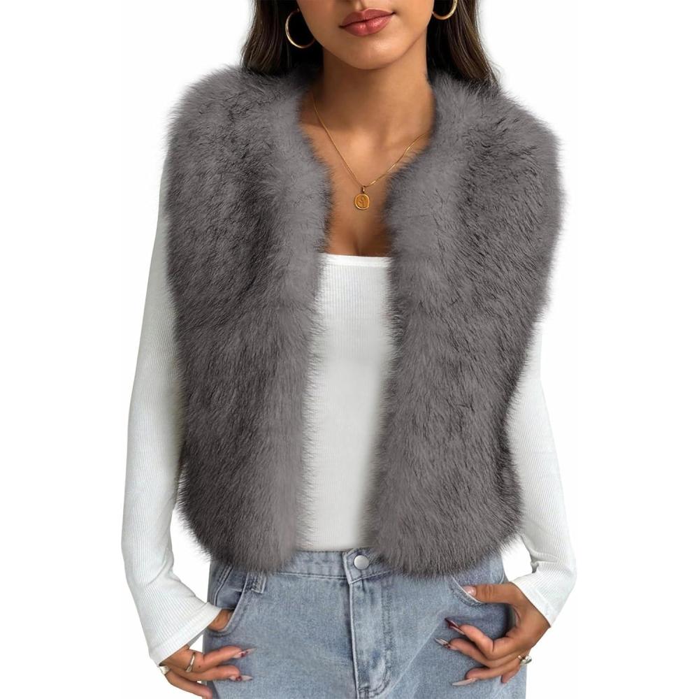 imageBTFBM Faux Fur Vest Women Fall Fashion 2025 Sleeveless Fuzzy Jacket Fluffy Coats Winter Clothing Furry Outerwear VestsGrey