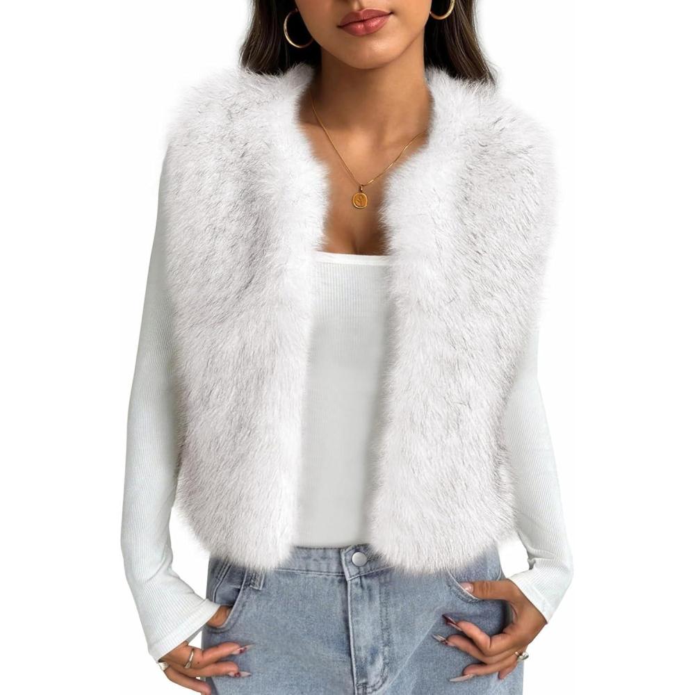 imageBTFBM Faux Fur Vest Women Fall Fashion 2025 Sleeveless Fuzzy Jacket Fluffy Coats Winter Clothing Furry Outerwear VestsWhite
