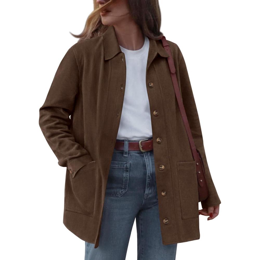 imageBTFBM Faux Suede Jacket Women Fall Fashion 2025 Leather Jackets Long Sleeve Button Down Winter Coats Shackets OuterwearDark Brown