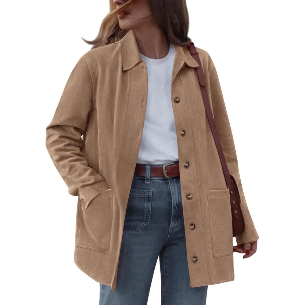 imageBTFBM Faux Suede Jacket Women Fall Fashion 2025 Leather Jackets Long Sleeve Button Down Winter Coats Shackets OuterwearLight Khaki