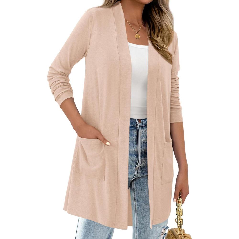 imageBTFBM Long Cardigans for Women Summer Fall Clothes 2025 Lightweight Casual Open Front Shawl Cardigan PocketsBeige