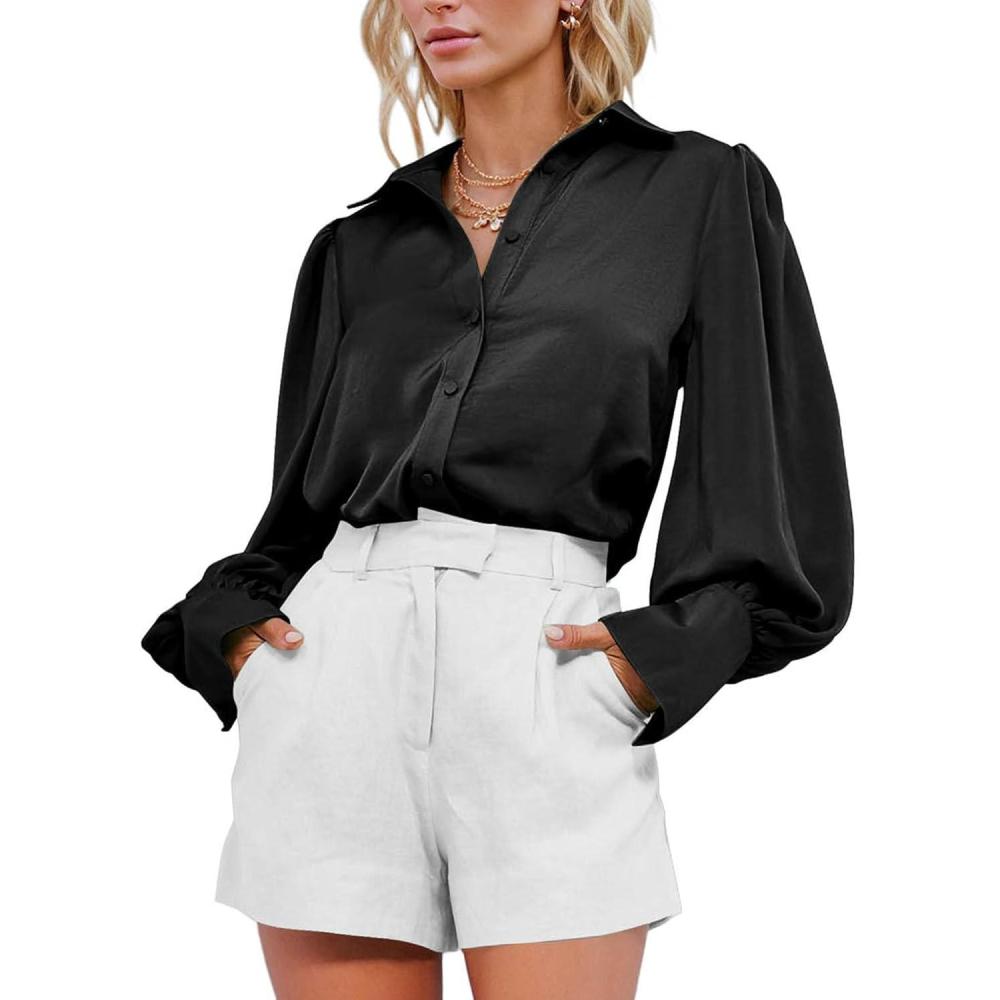 imageBTFBM Women Satin Button Down Shirts Lantern Long Sleeve Blouses Summer Fall Business Casual Outfits Dressy Work TopsBlack