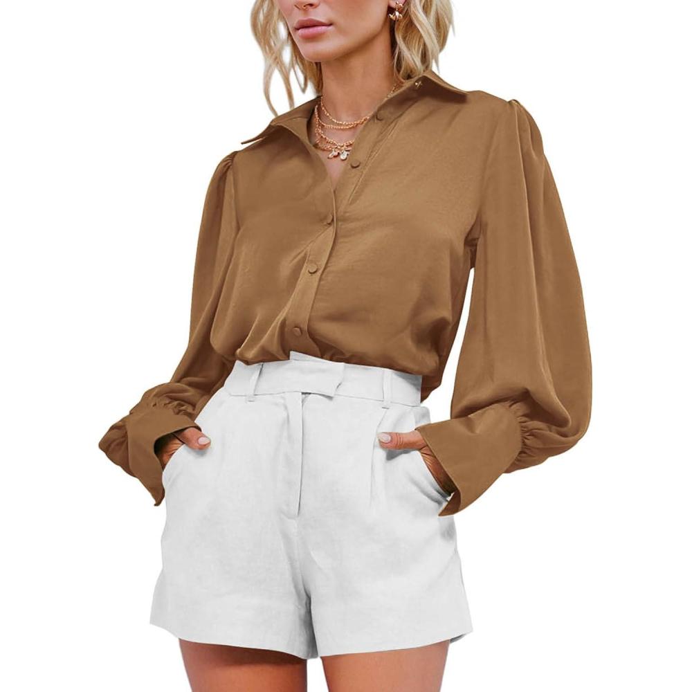 imageBTFBM Women Satin Button Down Shirts Lantern Long Sleeve Blouses Summer Fall Business Casual Outfits Dressy Work TopsBrown