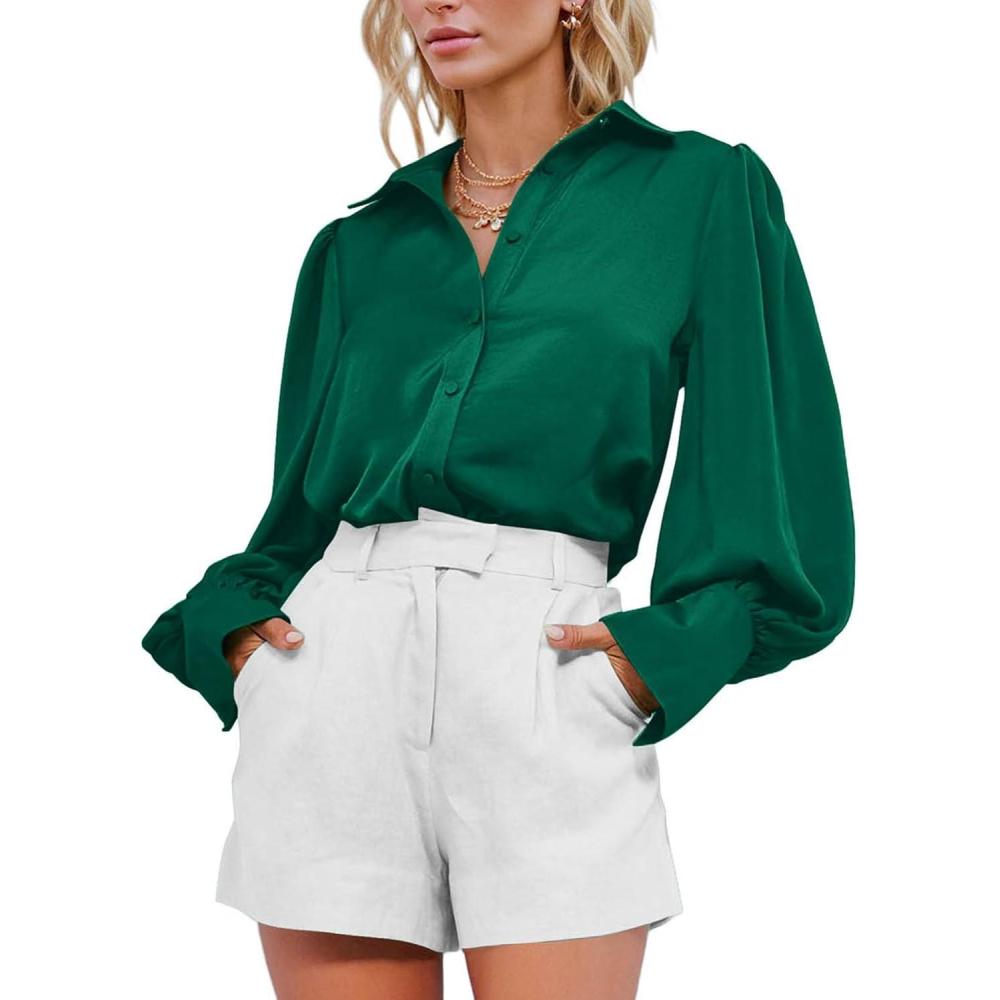 imageBTFBM Women Satin Button Down Shirts Lantern Long Sleeve Blouses Summer Fall Business Casual Outfits Dressy Work TopsGreen