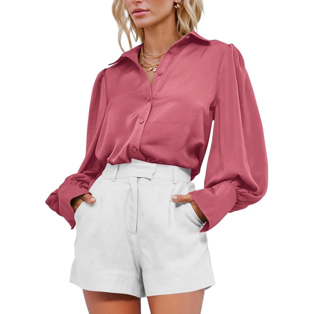 imageBTFBM Women Satin Button Down Shirts Lantern Long Sleeve Blouses Summer Fall Business Casual Outfits Dressy Work TopsPink
