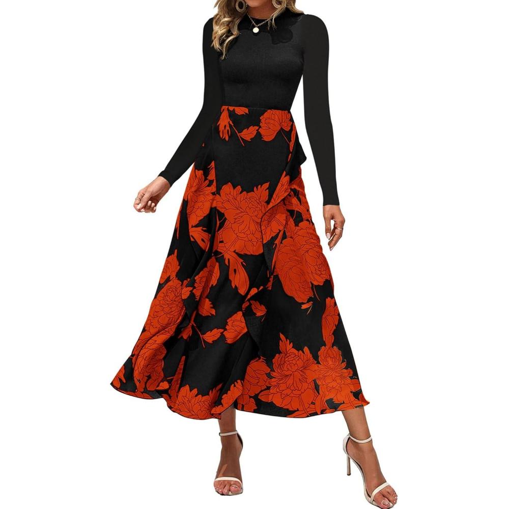 imageBTFBM Womens Floral Maxi Dress Fall 2025 Casual Crewneck Long Sleeve Ruffle Flowy Cocktail Wedding Guest DressesBig Floral Brick Red