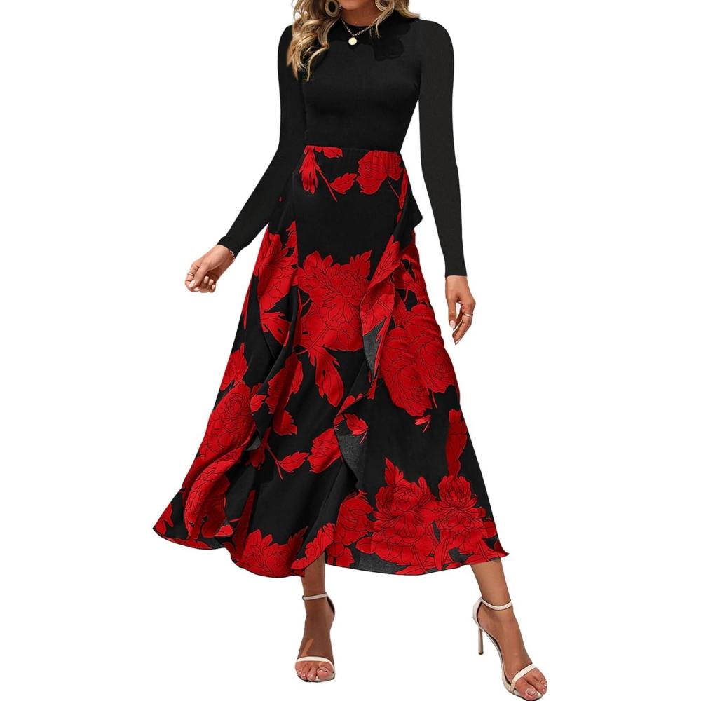 imageBTFBM Womens Floral Maxi Dress Fall 2025 Casual Crewneck Long Sleeve Ruffle Flowy Cocktail Wedding Guest DressesBig Floral Red
