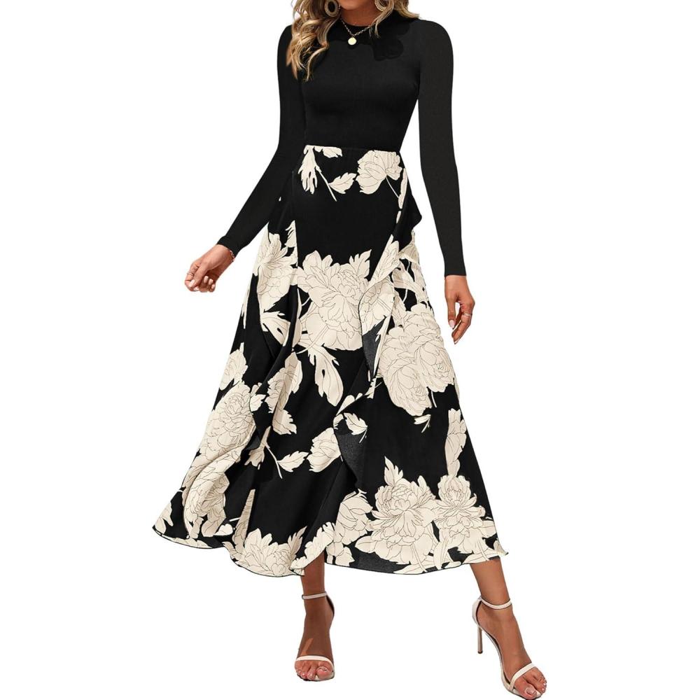imageBTFBM Womens Floral Maxi Dress Fall 2025 Casual Crewneck Long Sleeve Ruffle Flowy Cocktail Wedding Guest DressesWhite Floral Black