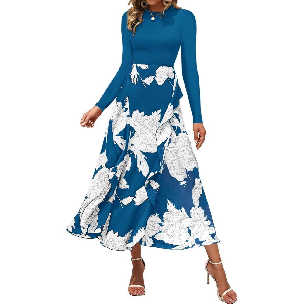 imageBTFBM Womens Floral Maxi Dress Fall 2025 Casual Crewneck Long Sleeve Ruffle Flowy Cocktail Wedding Guest DressesWhite Floral Lake Blue