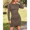 imageBTFBM Fall Dresses for Women 2025 Basic Casual Crew Neck Long Sleeve Ruched Bodycon Short T Shirt Dress Wedding GuestDark Khaki