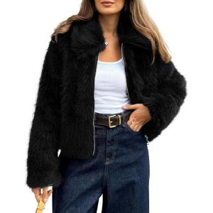 imageBTFBM Faux Fur Jacket Women Fluffy Winter Coats Zip Up Fuzzy Jackets Long Sleeve Furry Coat Shaggy 2025 Fall ClothesBlack