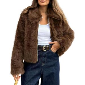 imageBTFBM Faux Fur Jacket Women Fluffy Winter Coats Zip Up Fuzzy Jackets Long Sleeve Furry Coat Shaggy 2025 Fall ClothesBrown