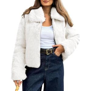 imageBTFBM Faux Fur Jacket Women Fluffy Winter Coats Zip Up Fuzzy Jackets Long Sleeve Furry Coat Shaggy 2025 Fall ClothesWhite