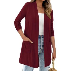 imageBTFBM Long Cardigans for Women Summer Fall Clothes 2025 Lightweight Casual Open Front Shawl Cardigan PocketsBurgundy
