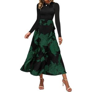 imageBTFBM Womens Floral Maxi Dress Fall 2025 Casual Crewneck Long Sleeve Ruffle Flowy Cocktail Wedding Guest DressesBig Floral Dark Green