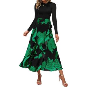 imageBTFBM Womens Floral Maxi Dress Fall 2025 Casual Crewneck Long Sleeve Ruffle Flowy Cocktail Wedding Guest DressesBig Floral Green
