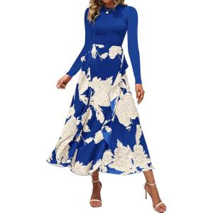 imageBTFBM Womens Floral Maxi Dress Fall 2025 Casual Crewneck Long Sleeve Ruffle Flowy Cocktail Wedding Guest DressesWhite Floral Bright Blue