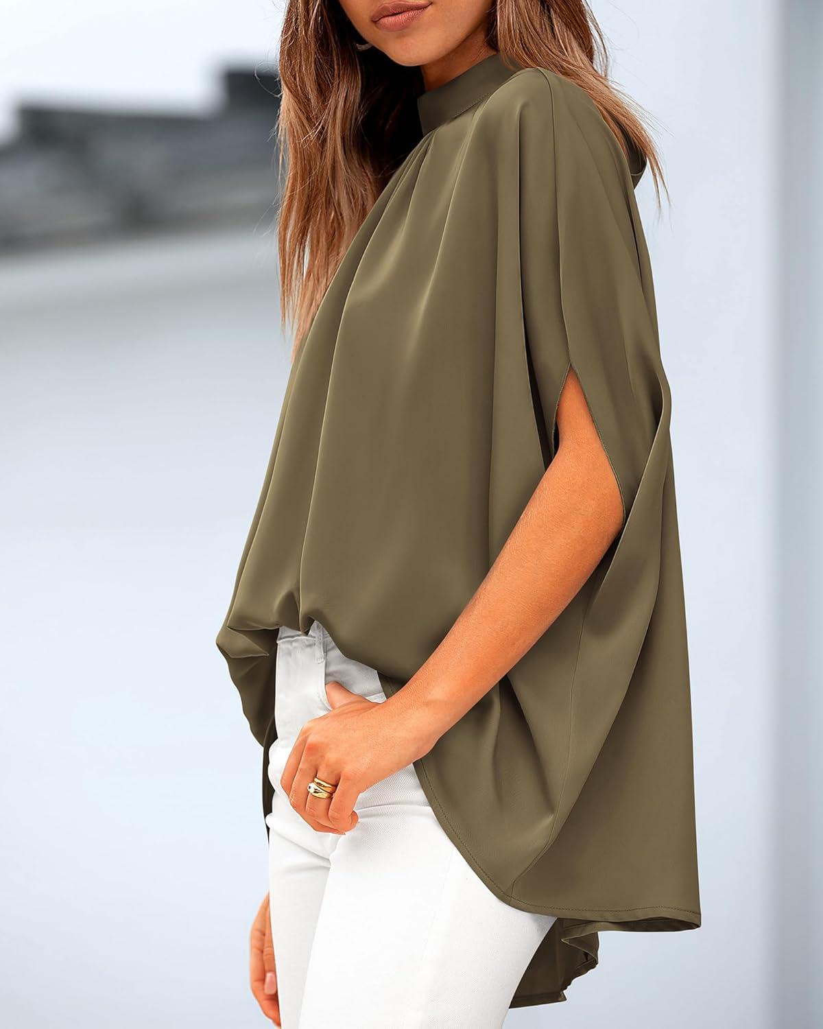imageBTFBM Womens Summer Tops 2025 Fall Mock Neck Batwing Sleeve Shirts Loose High Low Hem Oversized Dressy Casual BlousesArmy Green