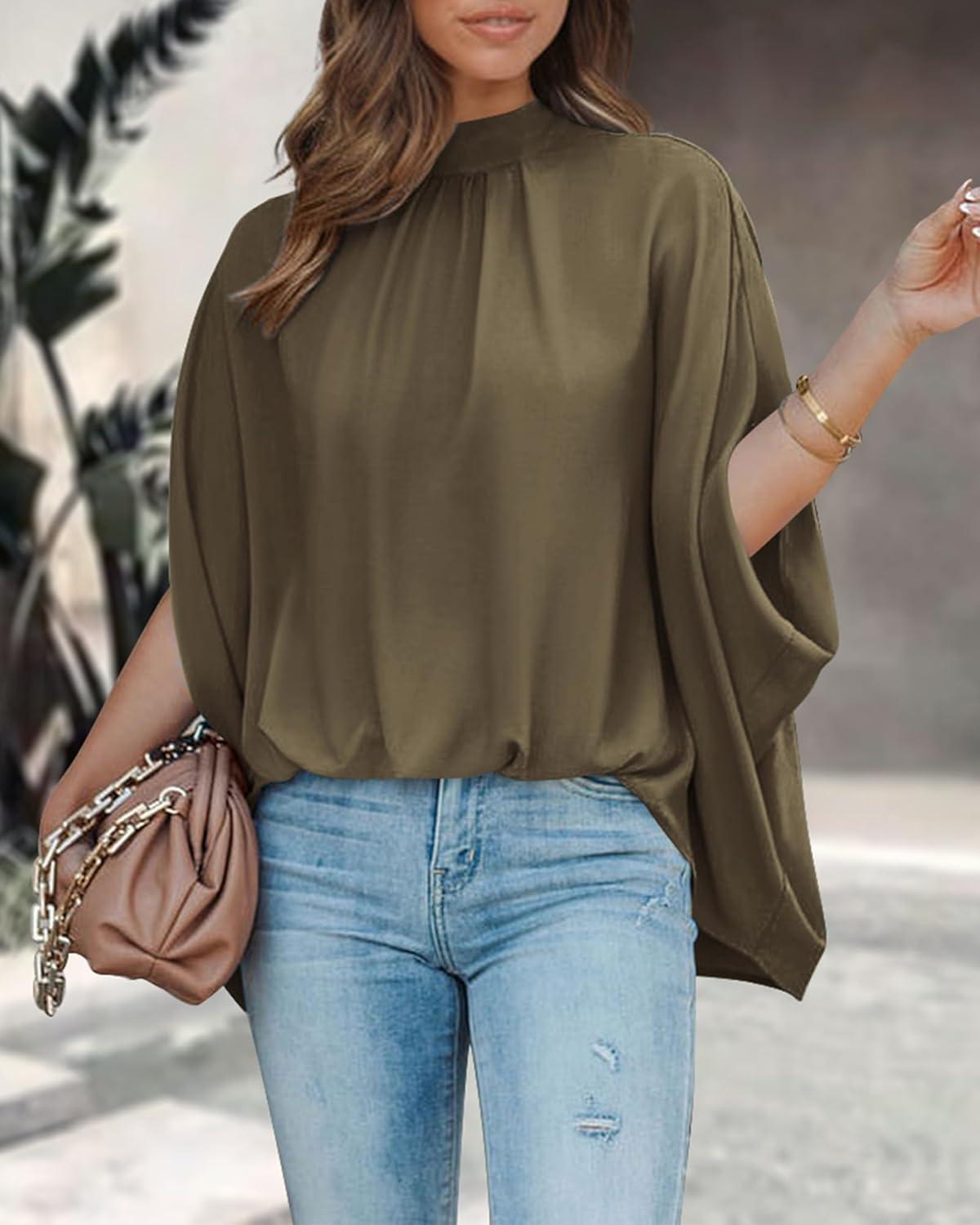 imageBTFBM Womens Summer Tops 2025 Fall Mock Neck Batwing Sleeve Shirts Loose High Low Hem Oversized Dressy Casual BlousesArmy Green
