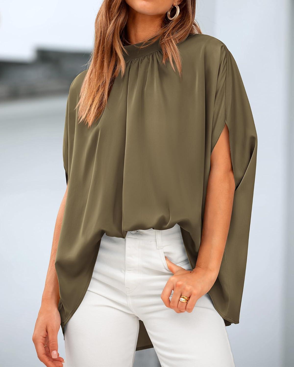 imageBTFBM Womens Summer Tops 2025 Fall Mock Neck Batwing Sleeve Shirts Loose High Low Hem Oversized Dressy Casual BlousesArmy Green