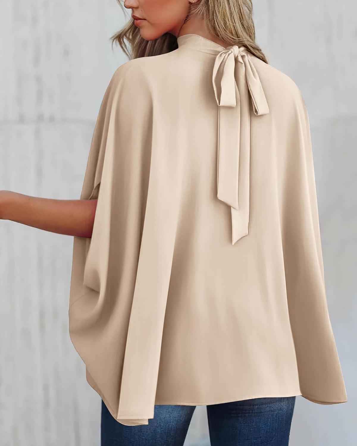 imageBTFBM Womens Summer Tops 2025 Fall Mock Neck Batwing Sleeve Shirts Loose High Low Hem Oversized Dressy Casual BlousesBeige