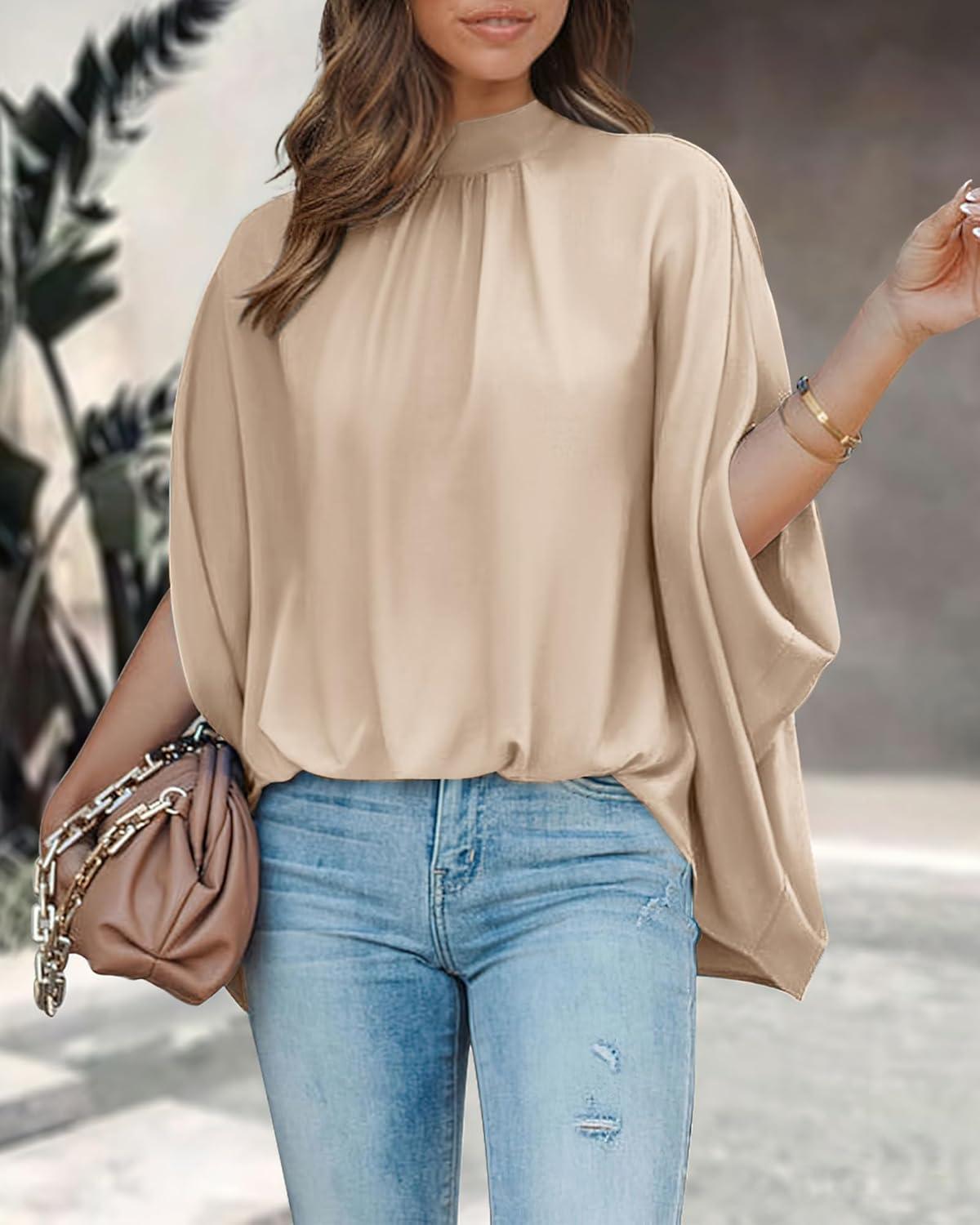 imageBTFBM Womens Summer Tops 2025 Fall Mock Neck Batwing Sleeve Shirts Loose High Low Hem Oversized Dressy Casual BlousesBeige