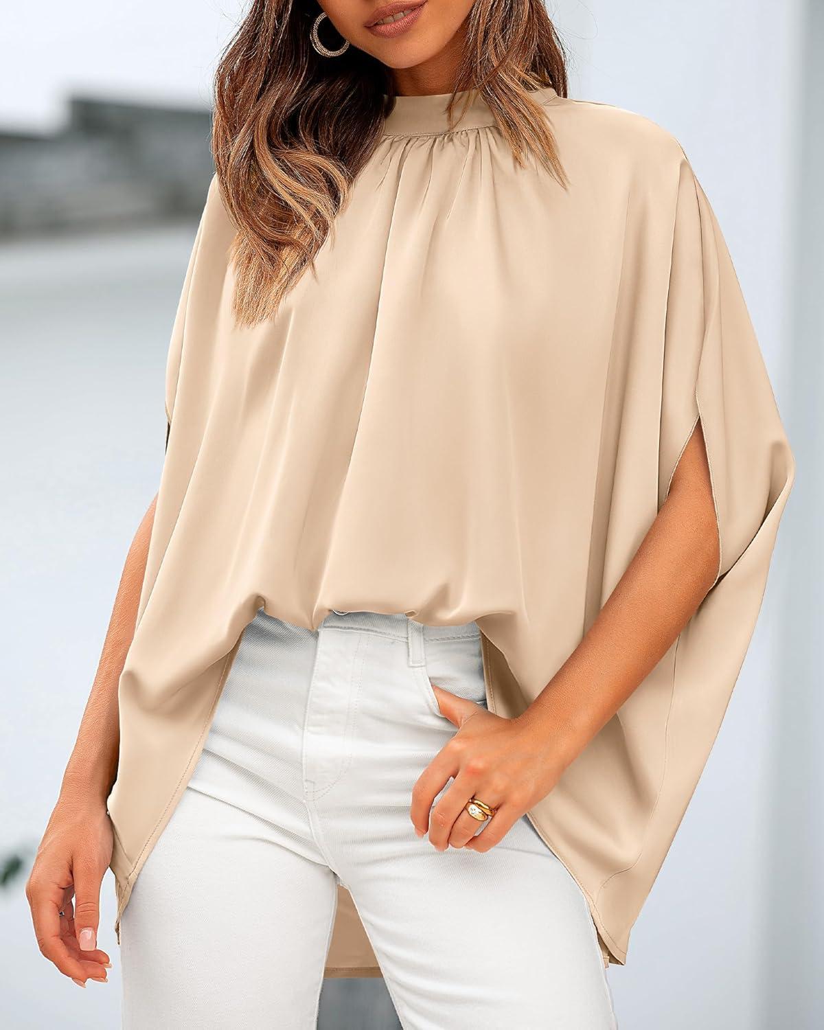 imageBTFBM Womens Summer Tops 2025 Fall Mock Neck Batwing Sleeve Shirts Loose High Low Hem Oversized Dressy Casual BlousesBeige