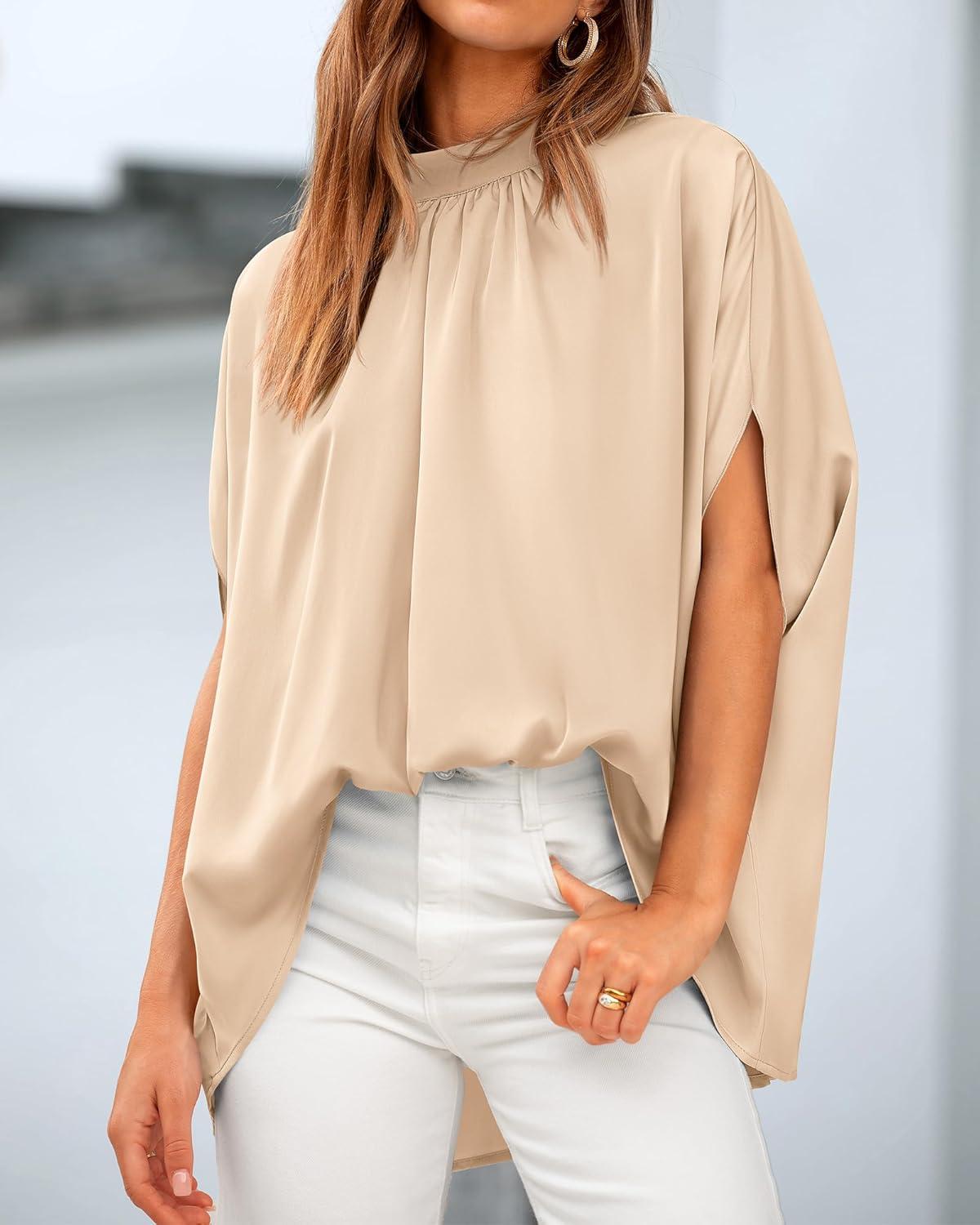 imageBTFBM Womens Summer Tops 2025 Fall Mock Neck Batwing Sleeve Shirts Loose High Low Hem Oversized Dressy Casual BlousesBeige