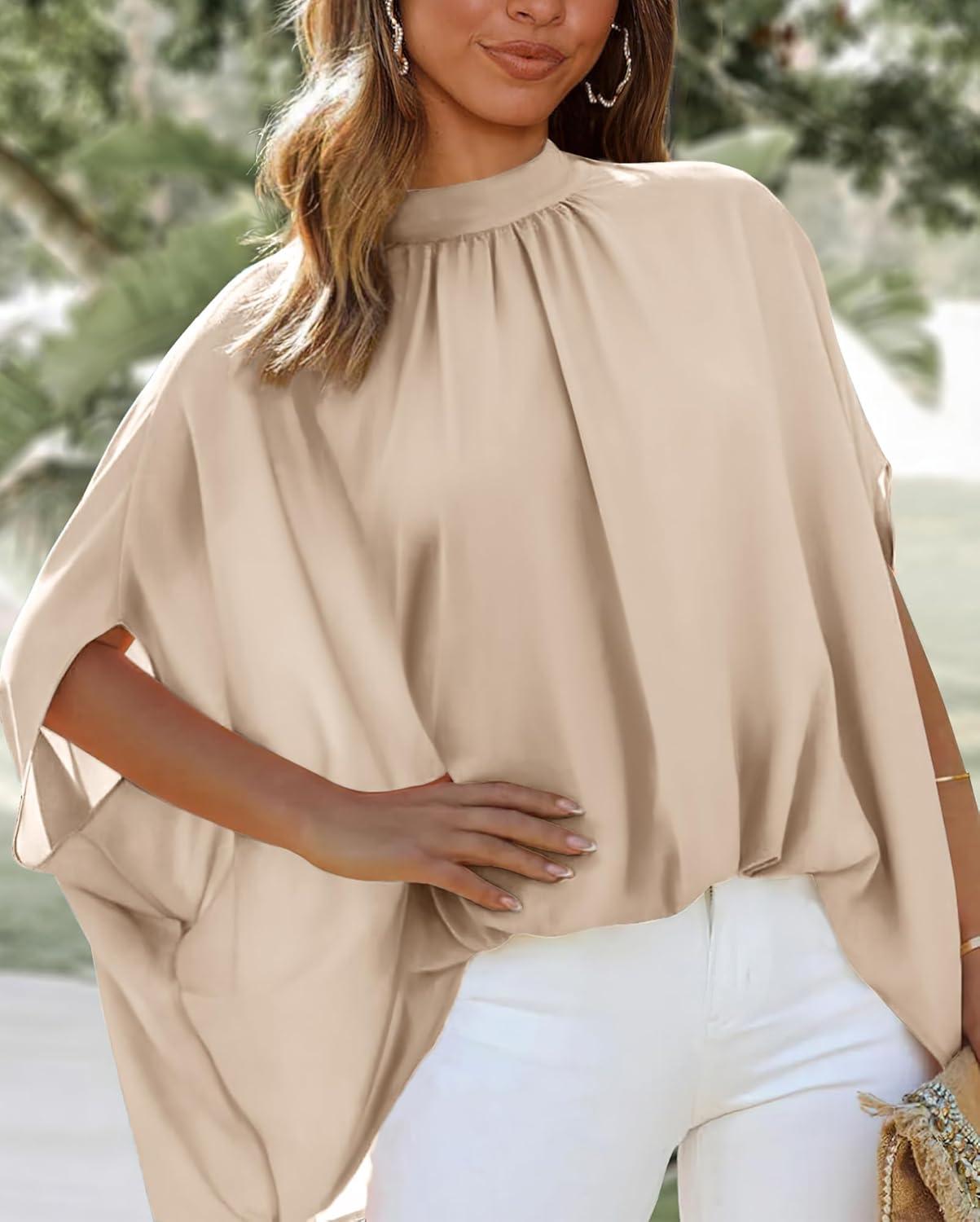 imageBTFBM Womens Summer Tops 2025 Fall Mock Neck Batwing Sleeve Shirts Loose High Low Hem Oversized Dressy Casual BlousesBeige