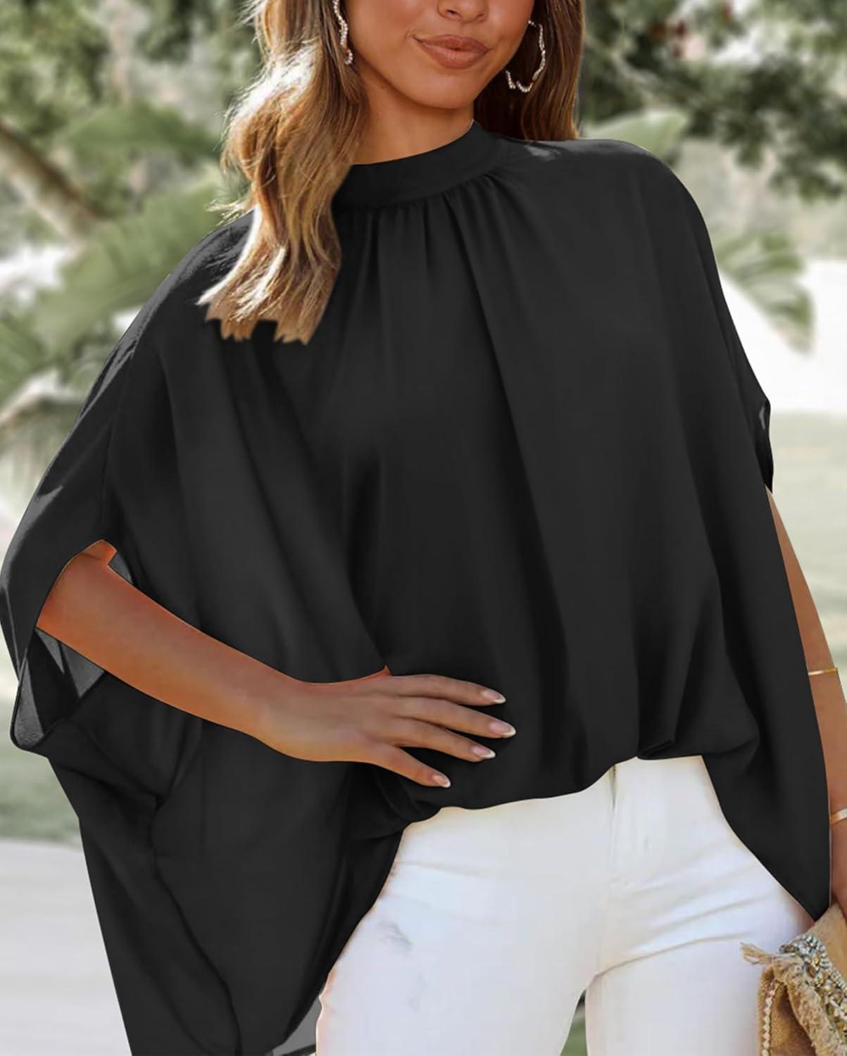 imageBTFBM Womens Summer Tops 2025 Fall Mock Neck Batwing Sleeve Shirts Loose High Low Hem Oversized Dressy Casual BlousesBlack