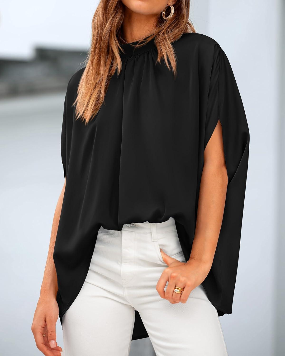 imageBTFBM Womens Summer Tops 2025 Fall Mock Neck Batwing Sleeve Shirts Loose High Low Hem Oversized Dressy Casual BlousesBlack