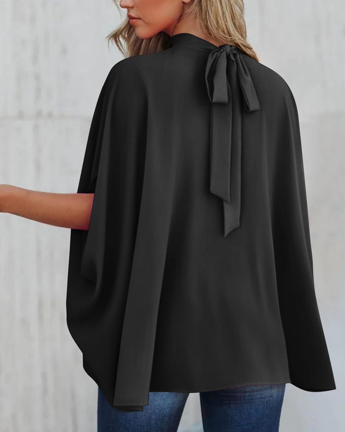 imageBTFBM Womens Summer Tops 2025 Fall Mock Neck Batwing Sleeve Shirts Loose High Low Hem Oversized Dressy Casual BlousesBlack