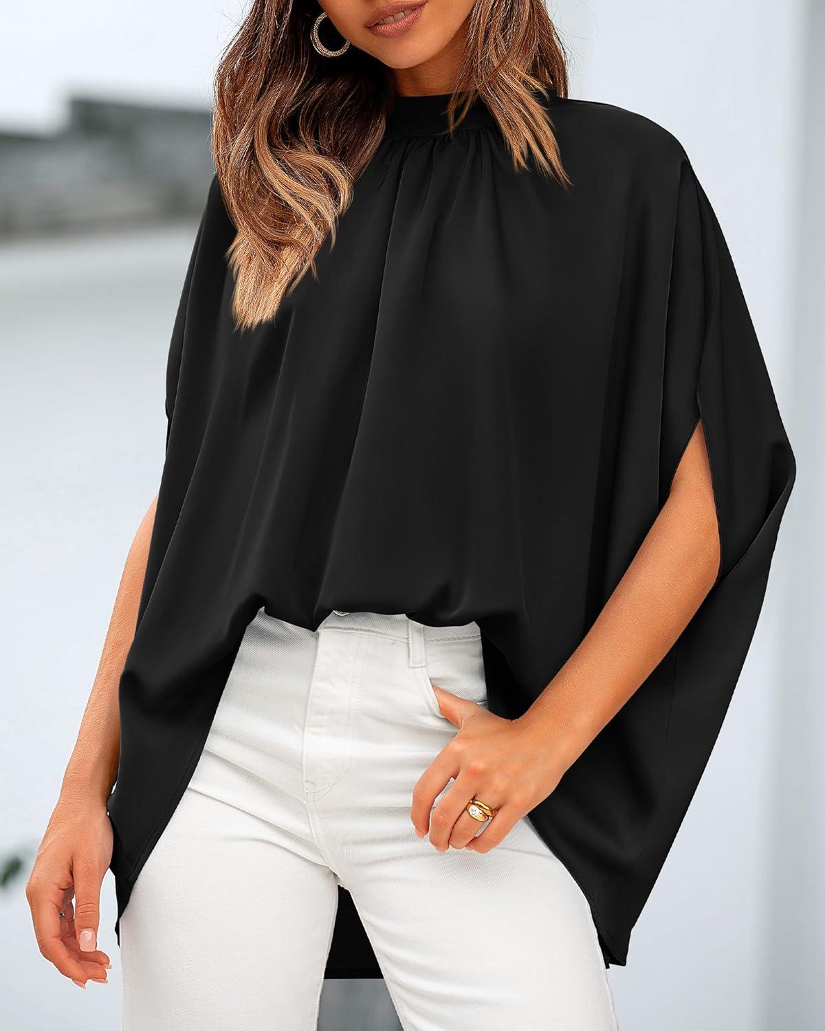imageBTFBM Womens Summer Tops 2025 Fall Mock Neck Batwing Sleeve Shirts Loose High Low Hem Oversized Dressy Casual BlousesBlack