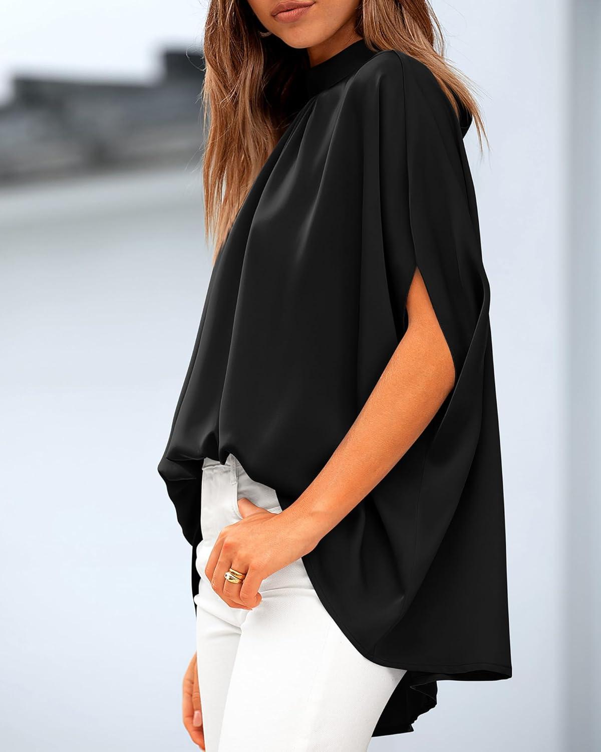imageBTFBM Womens Summer Tops 2025 Fall Mock Neck Batwing Sleeve Shirts Loose High Low Hem Oversized Dressy Casual BlousesBlack
