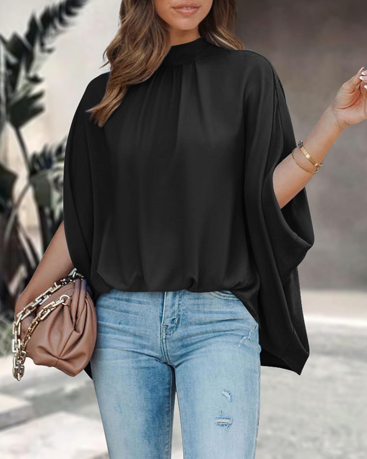 imageBTFBM Womens Summer Tops 2025 Fall Mock Neck Batwing Sleeve Shirts Loose High Low Hem Oversized Dressy Casual BlousesBlack