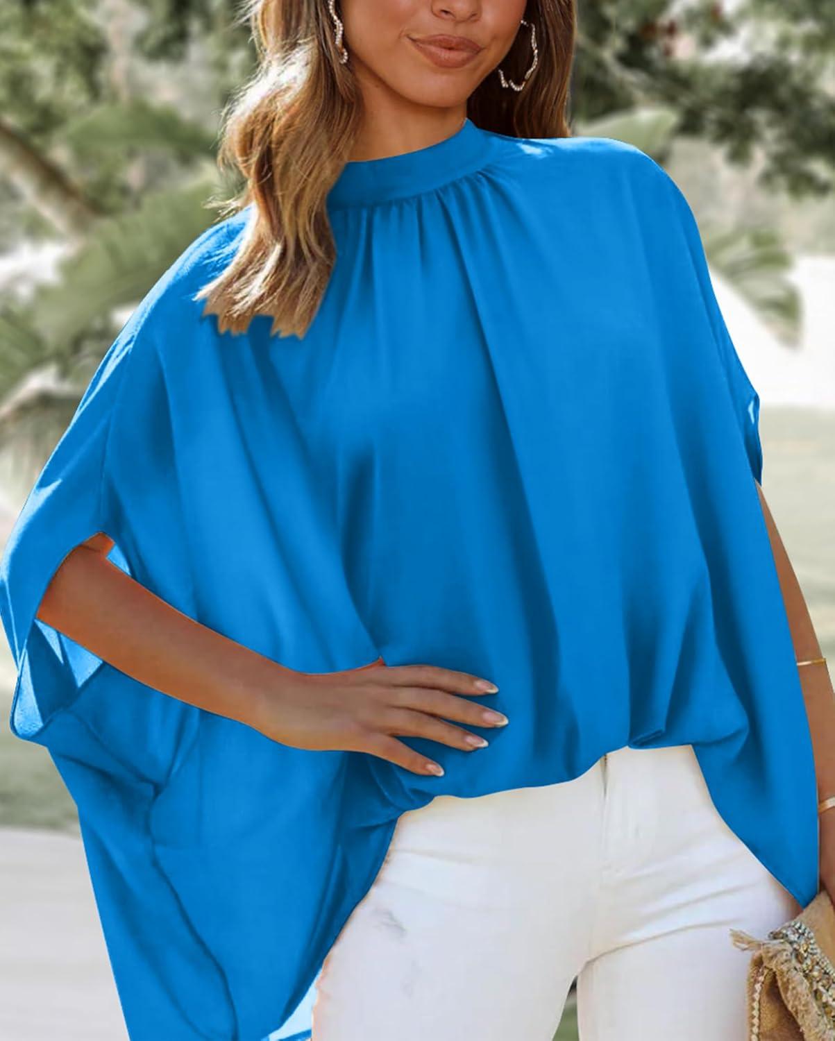 imageBTFBM Womens Summer Tops 2025 Fall Mock Neck Batwing Sleeve Shirts Loose High Low Hem Oversized Dressy Casual BlousesBlue