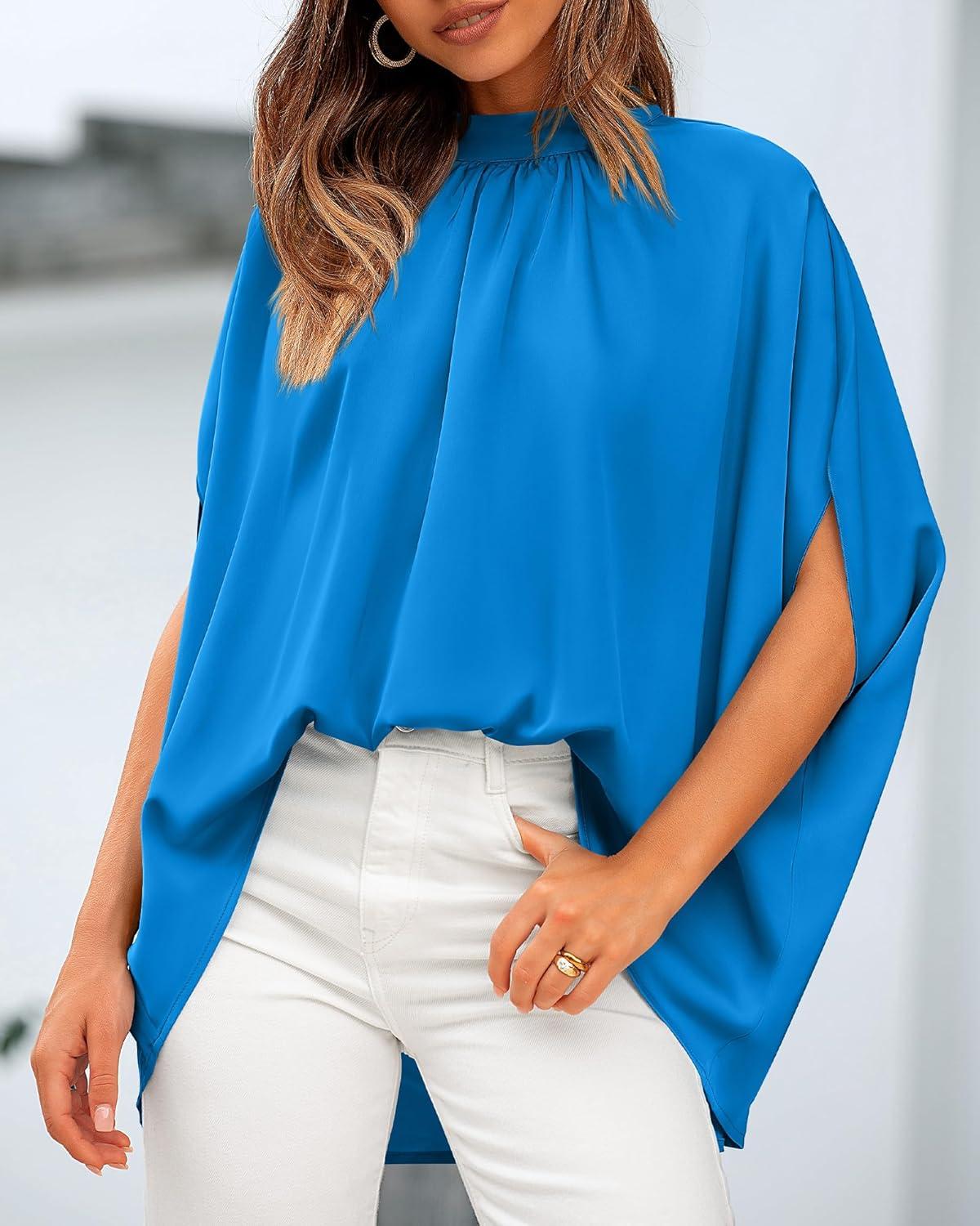 imageBTFBM Womens Summer Tops 2025 Fall Mock Neck Batwing Sleeve Shirts Loose High Low Hem Oversized Dressy Casual BlousesBlue