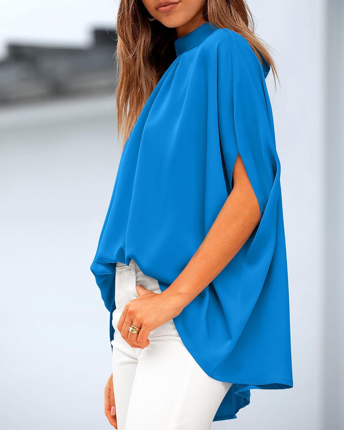imageBTFBM Womens Summer Tops 2025 Fall Mock Neck Batwing Sleeve Shirts Loose High Low Hem Oversized Dressy Casual BlousesBlue