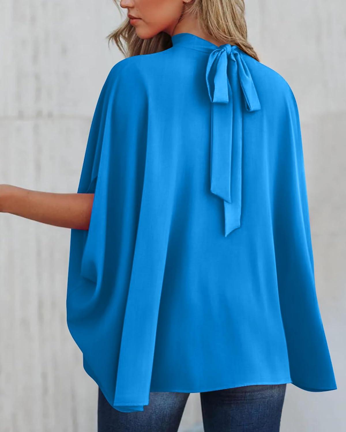 imageBTFBM Womens Summer Tops 2025 Fall Mock Neck Batwing Sleeve Shirts Loose High Low Hem Oversized Dressy Casual BlousesBlue